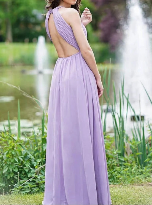Elegant Lilac Halter Sleeveless A-Line Prom Dress with Open Back